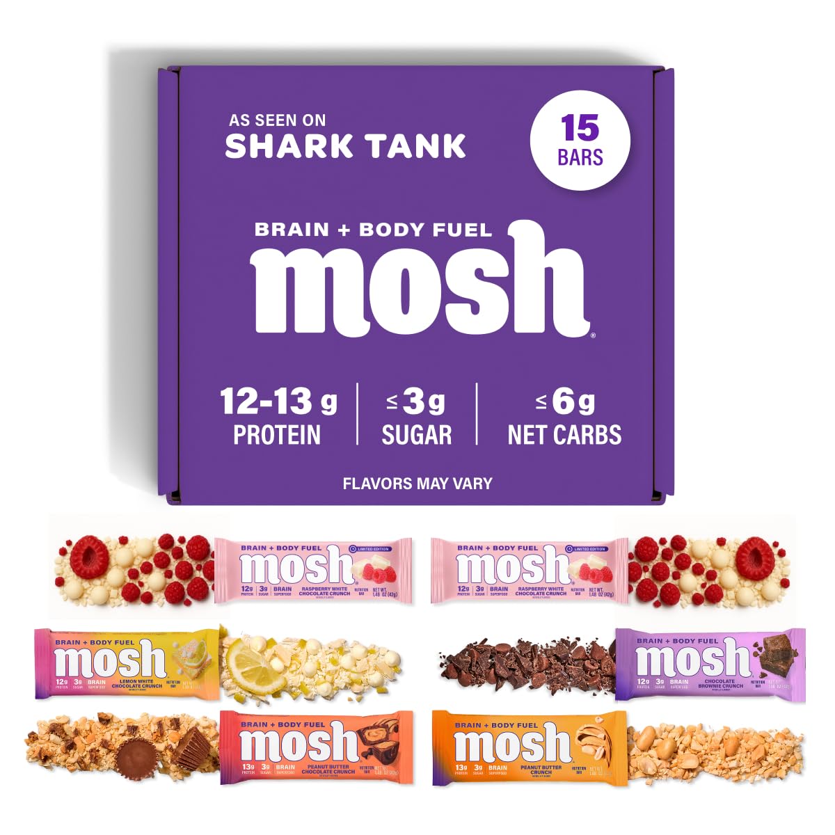 A purple box labeled "mosh" with "15 bars" and nutrition info sits above eight assorted mosh protein bars, displayed with their ingredients like raspberries, nuts, and chocolate. Text mentions "As Seen on Shark Tank.