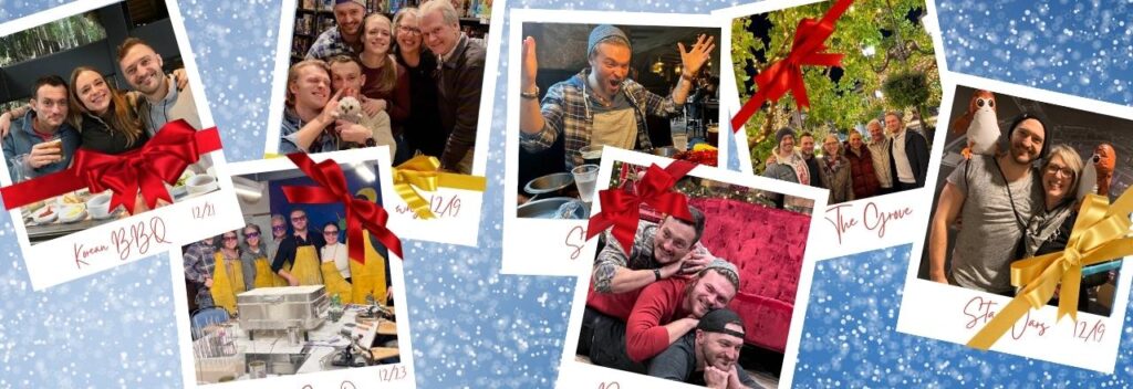 A collage of cheerful group photos, some with people in festive settings, others cooking or wearing costumes, all framed like polaroids and decorated with red or gold ribbon bows, set against a blue, snowy background.