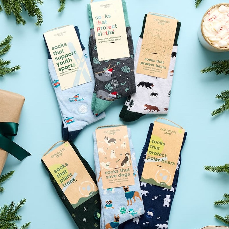 Five pairs of colorful socks with animal and nature designs are laid out on a light blue surface, surrounded by evergreen branches, a wrapped gift, and a cup of hot chocolate with marshmallows.