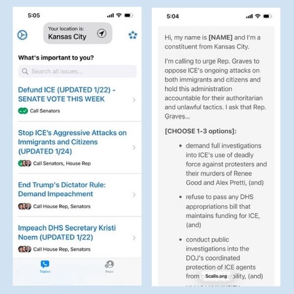 A smartphone screen shows an app with options to contact senators about ICE, impeachment, and DHS issues. The next screen displays a call script to urge a representative to oppose immigration actions.