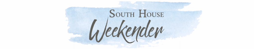Text logo reading "South House Weekender" on a soft, watercolor-style blue background. "South House" is in uppercase serif font; "Weekender" is in a larger, cursive script.