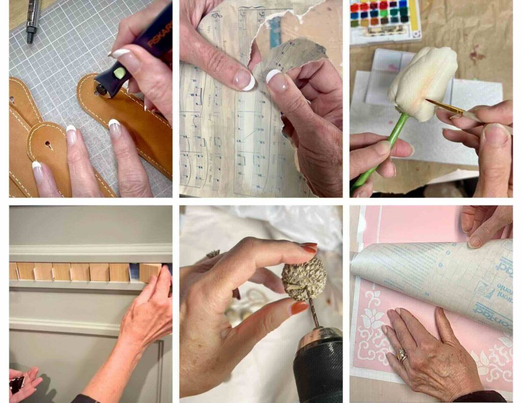 A collage of six images shows hands engaged in various crafts: leatherwork, paper collage, painting a flower, arranging paint swatches, drilling a pine cone, and peeling backing from adhesive paper.