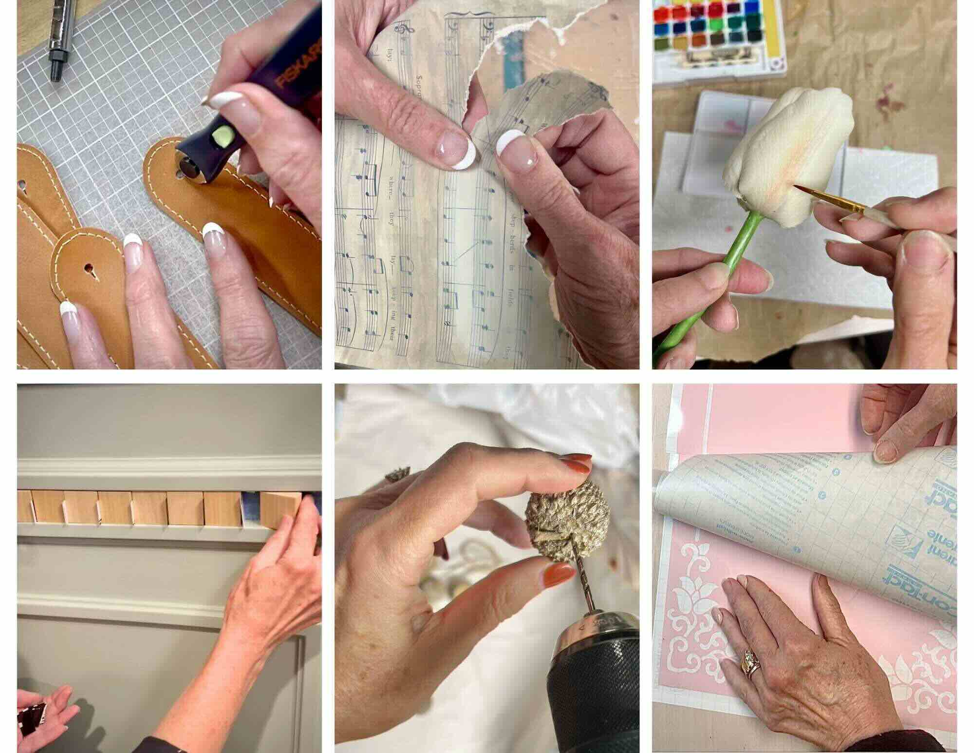 A collage of six images shows hands working on various crafts: leatherwork, decoupage, painting a faux flower, arranging paint samples, drilling into a pinecone, and peeling backing from patterned paper.