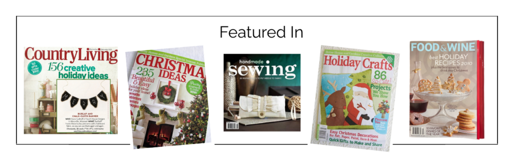 Five magazine covers are displayed under the heading "Featured In," including Country Living, Christmas Ideas, Handmade Sewing, Holiday Crafts, and Food & Wine, each highlighting DIY home decor and creative living ideas for festive decorations and crafts.