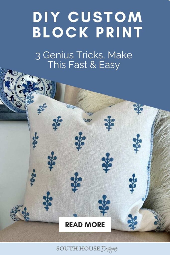 A decorative white pillow with a blue block print leaf pattern, made using DIY block printing craft foam, sits on a beige surface. A blue and white plate is in the background. Text reads: "DIY Custom Block Print. 3 Genius Tricks—Fast & Easy.