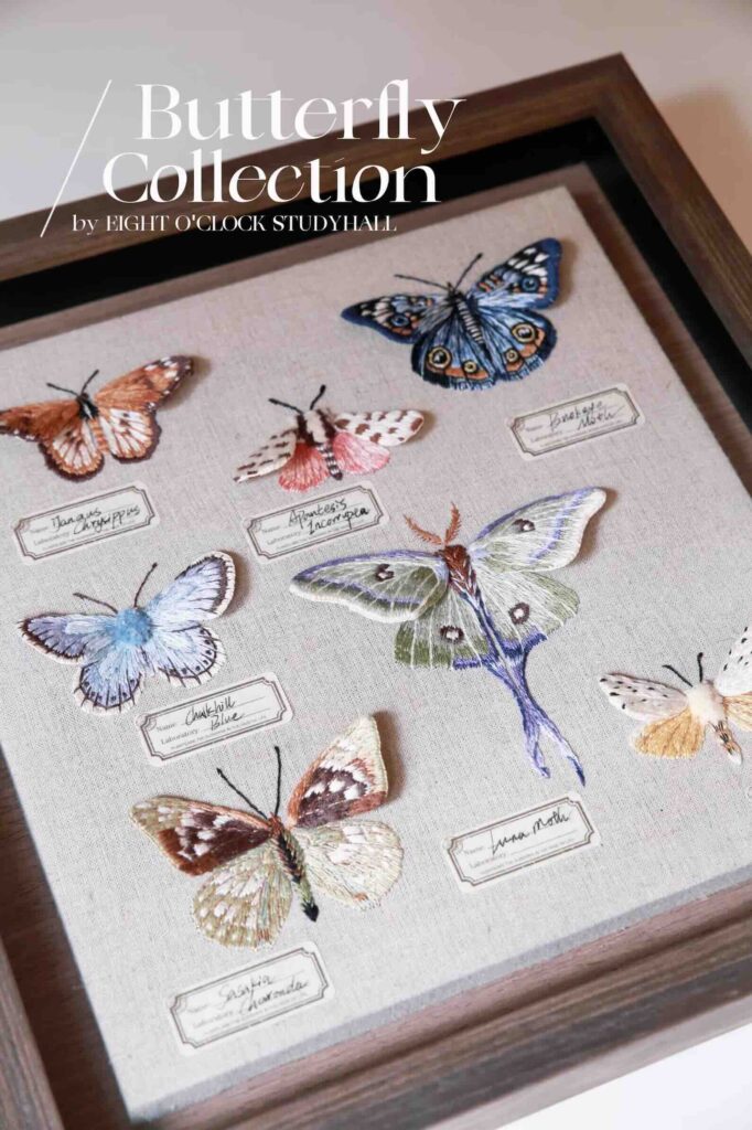 A framed display features embroidered butterflies arranged neatly with name labels, mimicking a butterfly collection. The text "Butterfly Collection by EIGHT O'CLOCK STUDYHALL" appears at the top of the image.