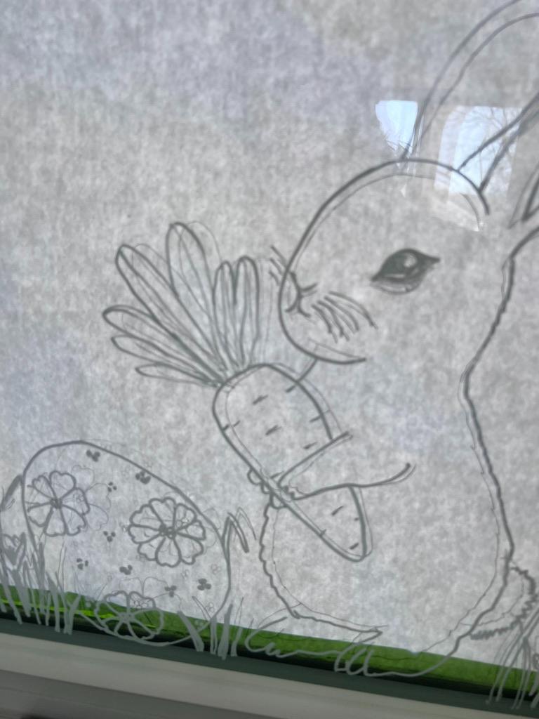 Line drawing of a rabbit holding a carrot next to a decorated Easter egg, sketched on a translucent surface with light shining through from behind.
