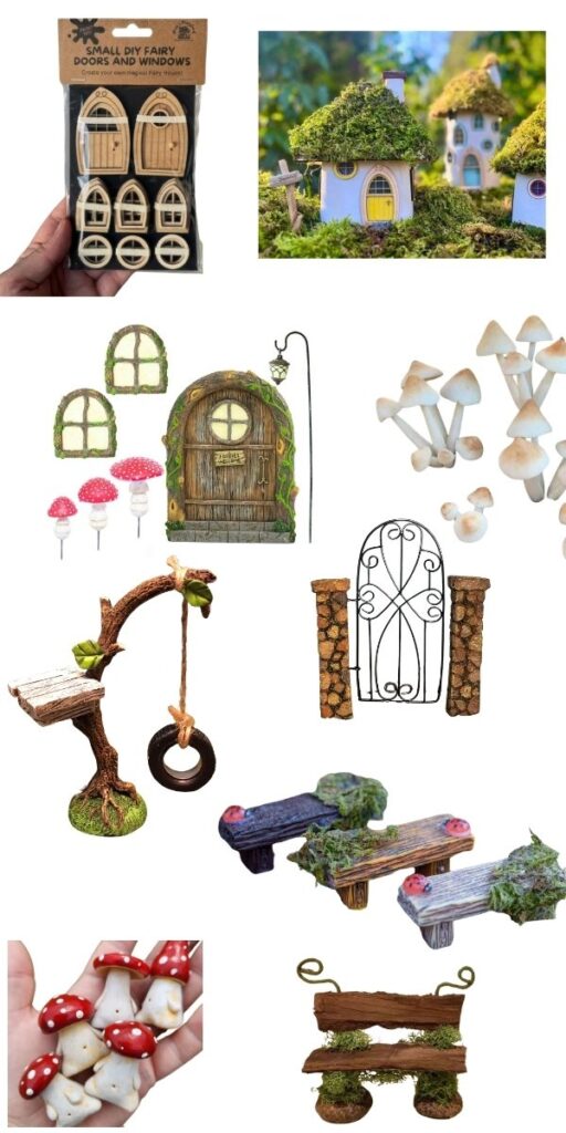 A collage of fairy garden accessories, including tiny doors, windows, a mushroom house, lamppost, mushrooms, swings, benches, gates, and small red and white mushrooms held in a hand.