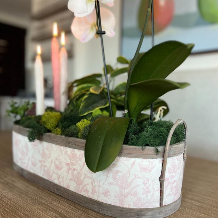 A decorative planter from a thrifted basket makeover, filled with green plants and orchids, sits on a wooden table. Three lit candles—pink, white, and cream—glow behind it. The blurred background reveals a wall with colorful artwork.