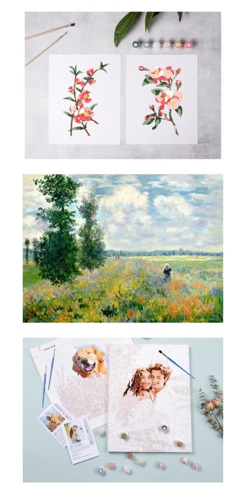 Top: Two floral watercolor paintings with paint pots and brushes. Middle: Impressionist landscape painting of a field with trees and a distant figure. Bottom: Paint-by-number kits featuring a dog and a couple, with paint pots and pencils.