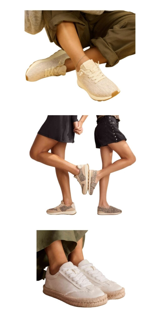 Three images show women wearing different casual sneakers: beige knit sneakers with laces, leopard print slip-on sneakers, and white canvas lace-up sneakers with textured soles.