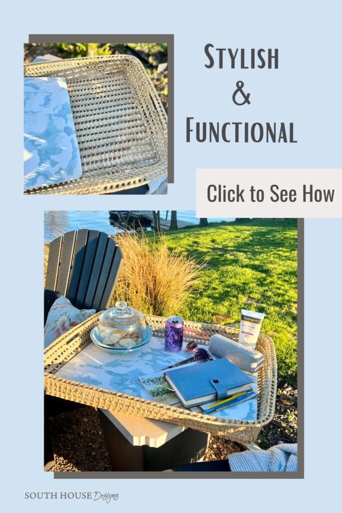 A Functional Basket Tray holds a notebook, pen, drink can, mug, glasses, and lotion on a patio chair outdoors. “Stylish & Functional” and “Click to See How” appear on a light blue background.