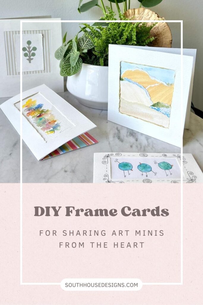 A marble table displays handmade frame cards with mini art prints, featuring florals and landscapes. A white pot with green plants sits behind the cards. Text overlay reads, "DIY Frame Cards for sharing art minis from the heart.