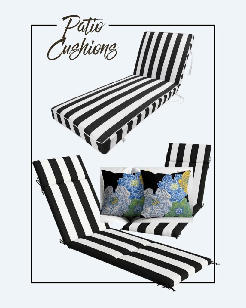Three black and white striped patio chaise cushions are shown from different angles, with two decorative pillows featuring colorful blue and yellow floral designs placed on one of the cushions. Text reads "Patio Cushions.