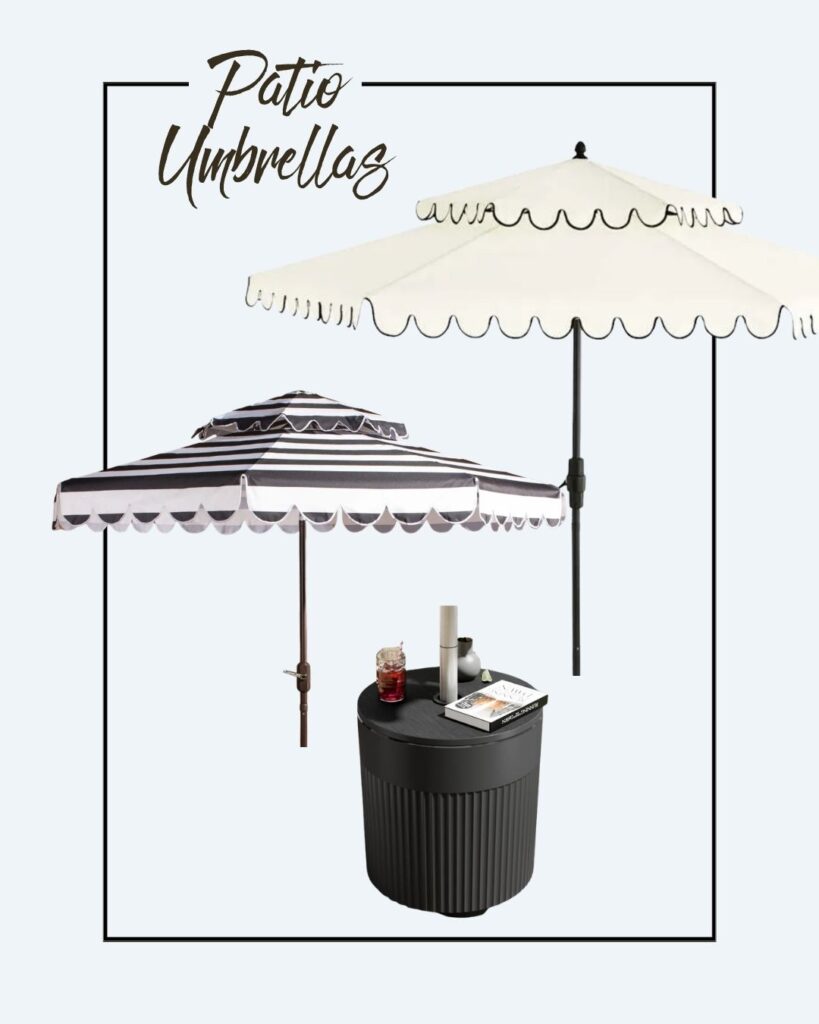 Two patio umbrellas are shown: one with a wavy-edged cream canopy, and the other with black and white stripes. Both are displayed with a black round outdoor table. Text reads "Patio Umbrellas.