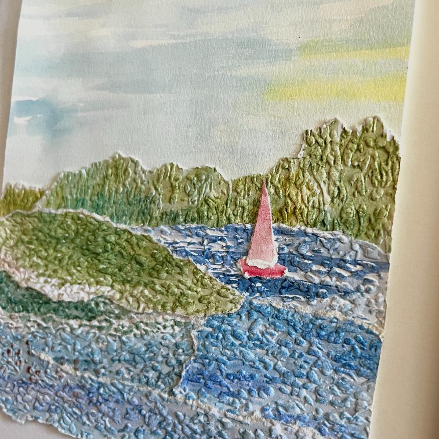A textured painting of a landscape with a small red sailboat on blue water, surrounded by green hills and distant trees under a partly cloudy sky with hints of yellow sunlight.