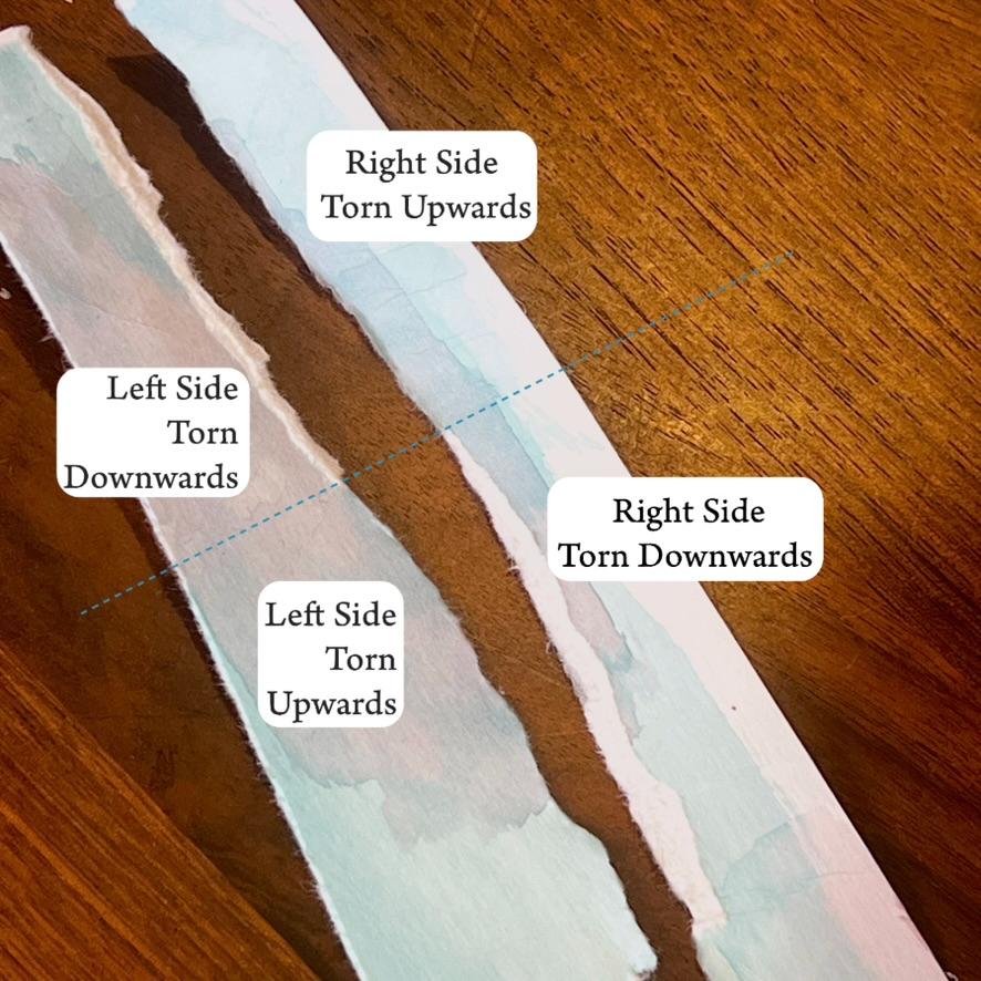 A close-up of torn paper against a wooden surface, labeled to show the left side torn both upwards and downwards, and the right side also torn both upwards and downwards.