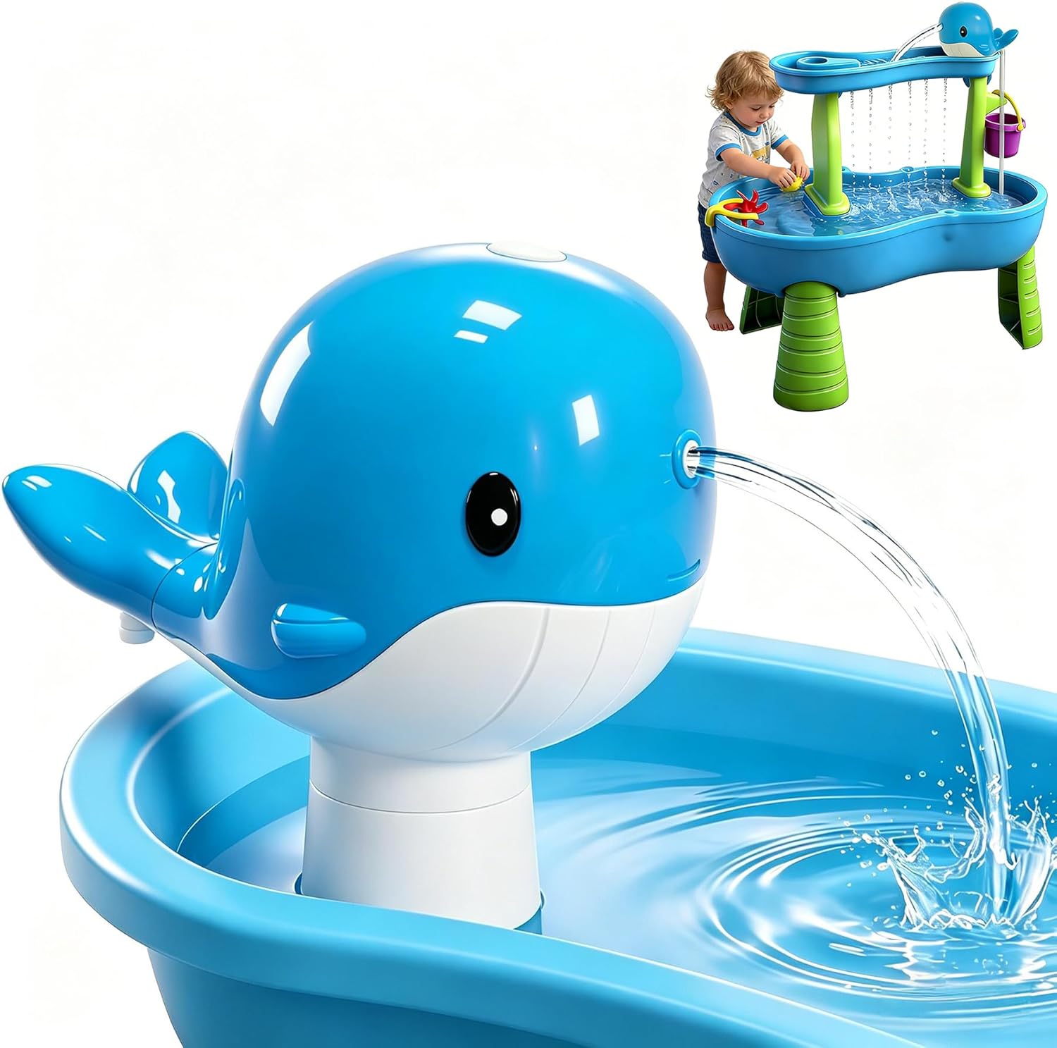 A blue whale-shaped water toy sprays water into a blue basin. In the corner, a child plays at a blue and green water table with various toys.
