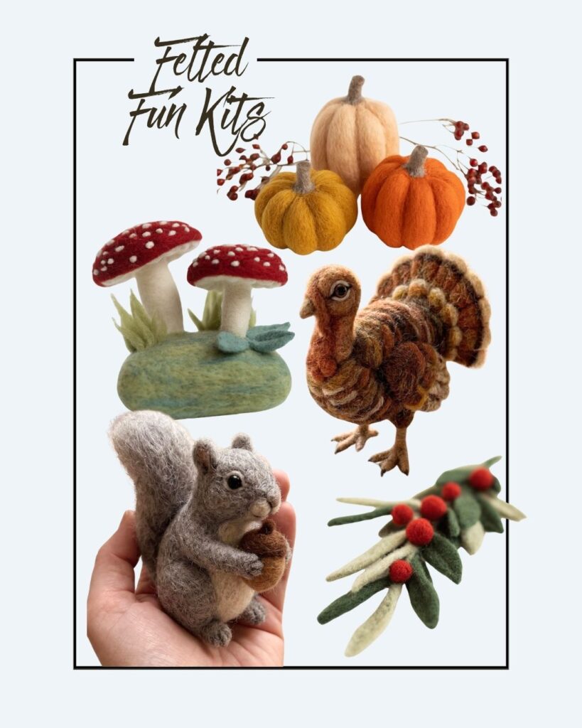 Collage of wool felt crafts: pumpkins, mushrooms, turkey, squirrel holding an acorn in a hand, and a branch with red berries and green leaves. Text at the top reads “Felted Fun Kits.”.