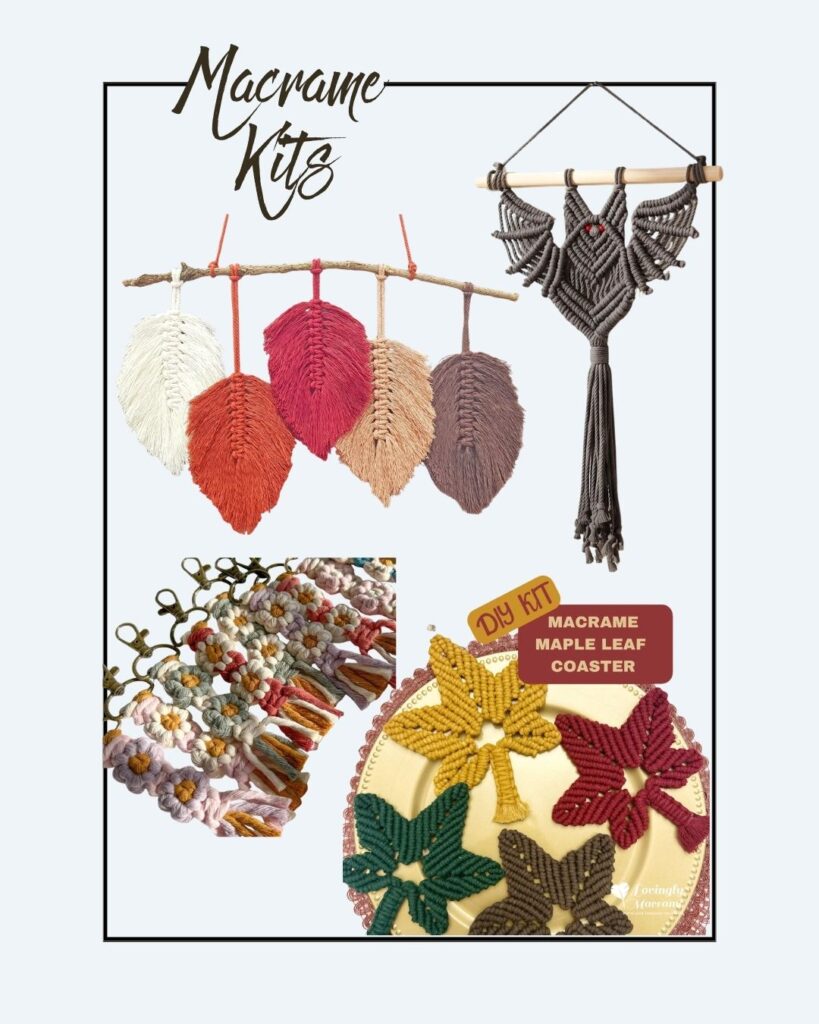 Various macrame kits displayed, including leaf designs on a branch, a wall hanging, colorful keychains, and maple leaf coasters labeled “DIY Kit Macrame Maple Leaf Coaster.”.