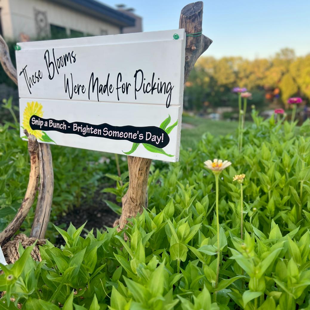 A wooden sign in a garden reads "These Blooms Were Made for Picking. Snip a Bunch - Brighten Someone's Day!" Colorful flowers and green plants surround the sign.