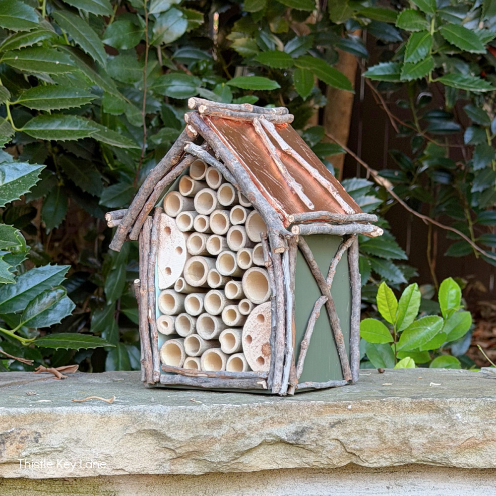 A small insect house made of twigs and bamboo tubes sits on a stone ledge, surrounded by green leafy plants from the neighborhood cutting garden and lush foliage in the background.