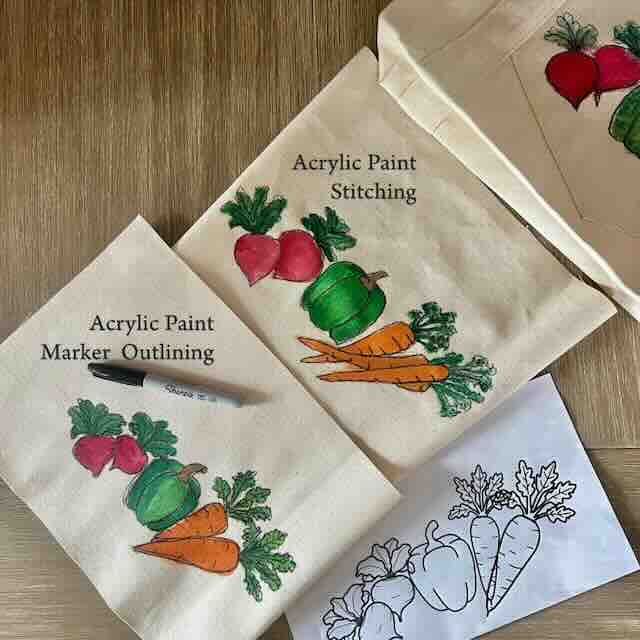 Three pieces of fabric show a vegetable design at different stages: outlined with marker, painted with acrylic, and stitched. A Sharpie marker and a printed vegetable outline are also visible.