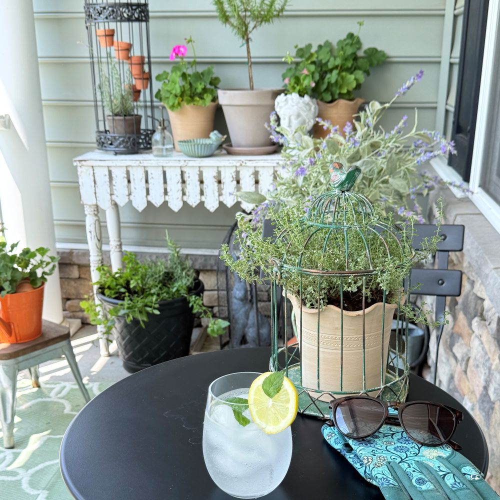 A refreshing drink with lemon, sunglasses, and gloves rest on a black table. Behind, potted plants and herbs decorate a white vintage table on a cozy patio.