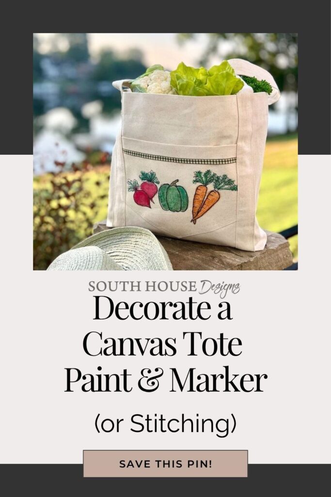 A canvas tote bag decorated with hand-painted vegetables sits outdoors on a table, filled with fresh groceries. Text on the image suggests decorating totes with paint, markers, or stitching.
