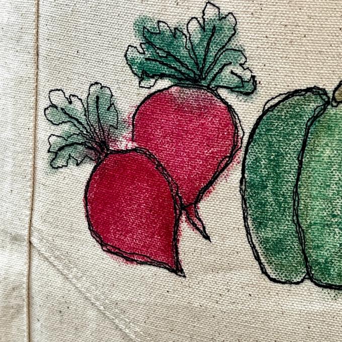 Drawing of two red radishes with green tops next to part of a green pumpkin, all outlined in black on beige fabric.