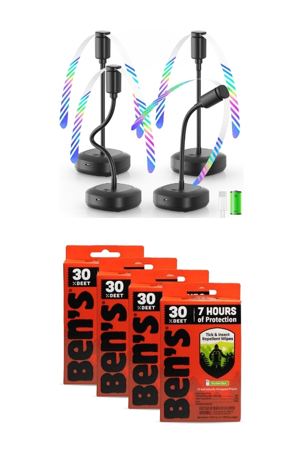 Four mosquito repellent devices with LED lights and flexible necks, plus four orange packs of Ben’s 30% DEET insect repellent wipes, displayed against a white background.