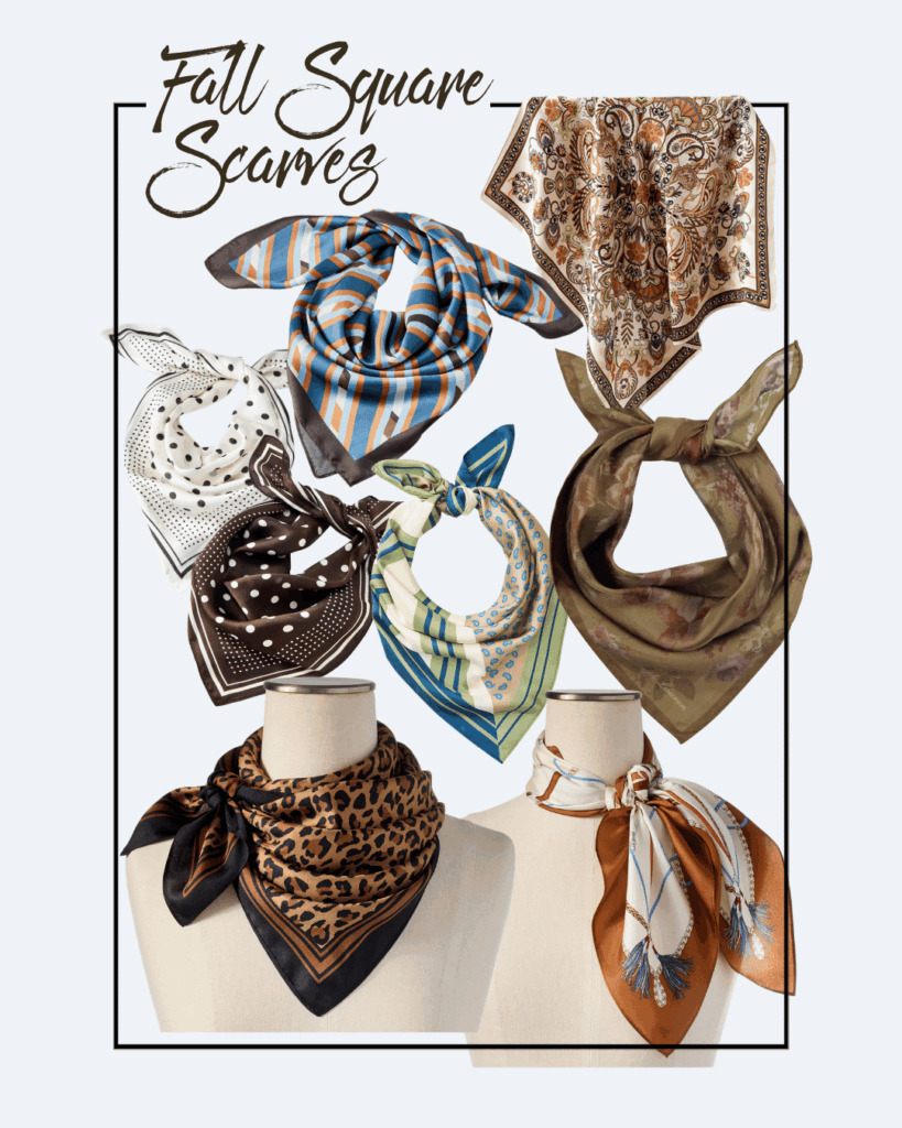 Seven patterned square scarves in various fall colors and prints, displayed on two mannequins and against a light background. Text at the top reads “Fall Square Scarves.”.