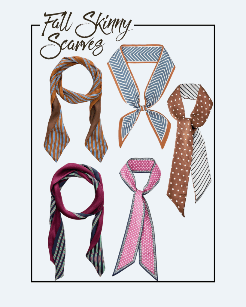 Five patterned skinny scarves, each with different colors and designs, are displayed on a light background with the handwritten title “Fall Skinny Scarves” at the top left corner.