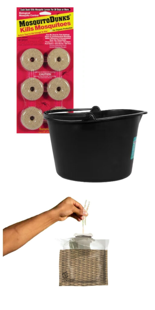 Mosquito Dunks package, a black bucket, and a hand holding a clear bag with brown strips inside, all shown on a white background.
