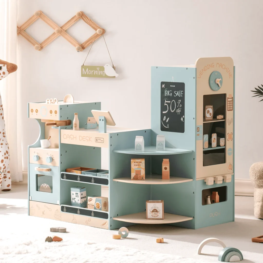 Childrenโs play area with a pastel-colored pretend grocery store, cash desk, shelves with toy food items, and a toy vending machine, set in a bright, neatly decorated room with soft sunlight.