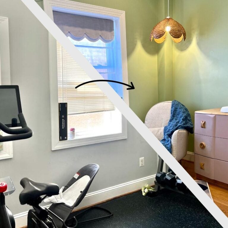 Split-screen comparison showing the corner of a room before and after redecorating with sage green paint and a rattan pendant light.