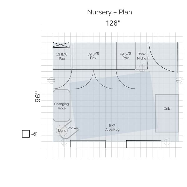 Floor plan for a nursery measuring 126 by 96 inches, showing the layout of Pax storage units, a changing table, a rocker, a crib, and an area rug.