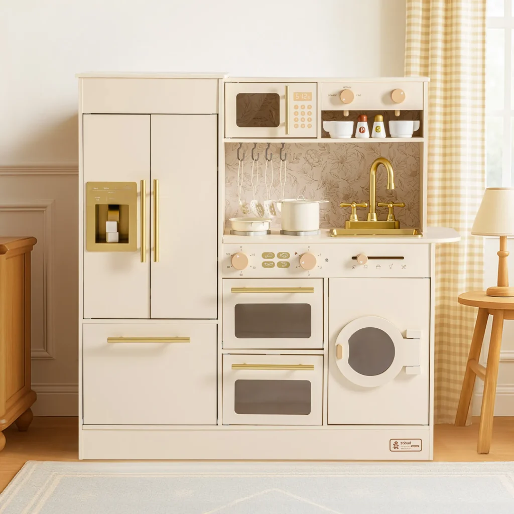 Childrenโs play kitchen set in beige and gold, featuring a fridge with water dispenser, oven, sink with faucet, stovetop, microwave, shelves with cups, and a washing machine. It stands against a wall with curtains and a wooden chair nearby.