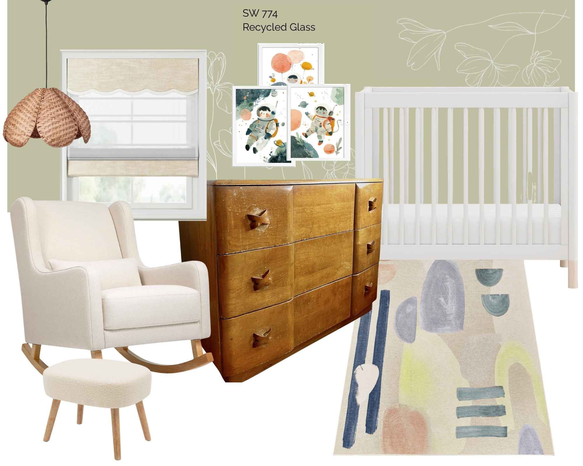 A nursery mood board featuring a cream rocking chair and ottoman, a wooden dresser, a white crib, a basket pendant light, two astronaut-themed art prints, and a geometric rug against a sage green wall with “SW 774 Recycled Glass” text.