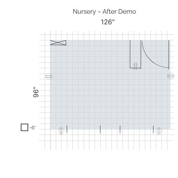 Floor plan for a nursery labeled “After Demo” measuring 126 inches by 96 inches, showing door and window placements.