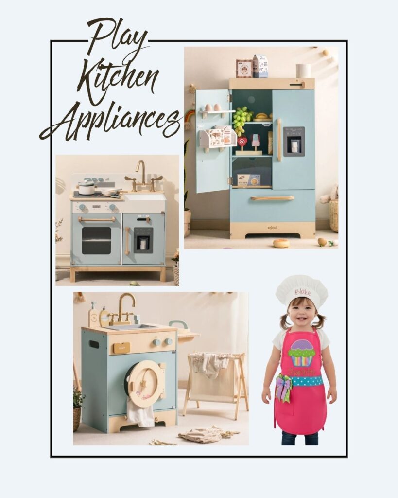 Collage of toy kitchen appliances: a blue play oven and sink, a matching play refrigerator, a toy washing machine, and a child in a chef hat and cupcake apron, all in a modern, playful style. Text reads โPlay Kitchen Appliances.โ.