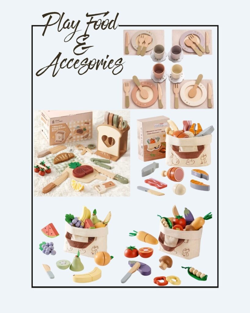 Collage of wooden play food sets and accessories, including plates, cups, utensils, bread, fruits, vegetables, kitchen tools, and two canvas storage bags. Text reads โPlay Food & Accessories.โ.