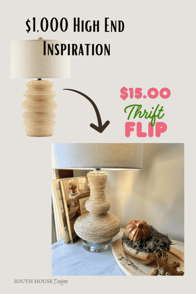 A DIY project graphic showing a $1,000 high-end lamp inspiration next to a $15 thrifted rope wrapped lamp at the bottom of which is the text “South House Designs.”