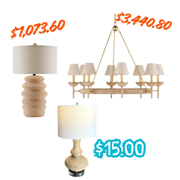 Two rope wrapped table lamps and a gold chandelier, priced at $1,073.60, $15.00, and $3,440.80 respectively.